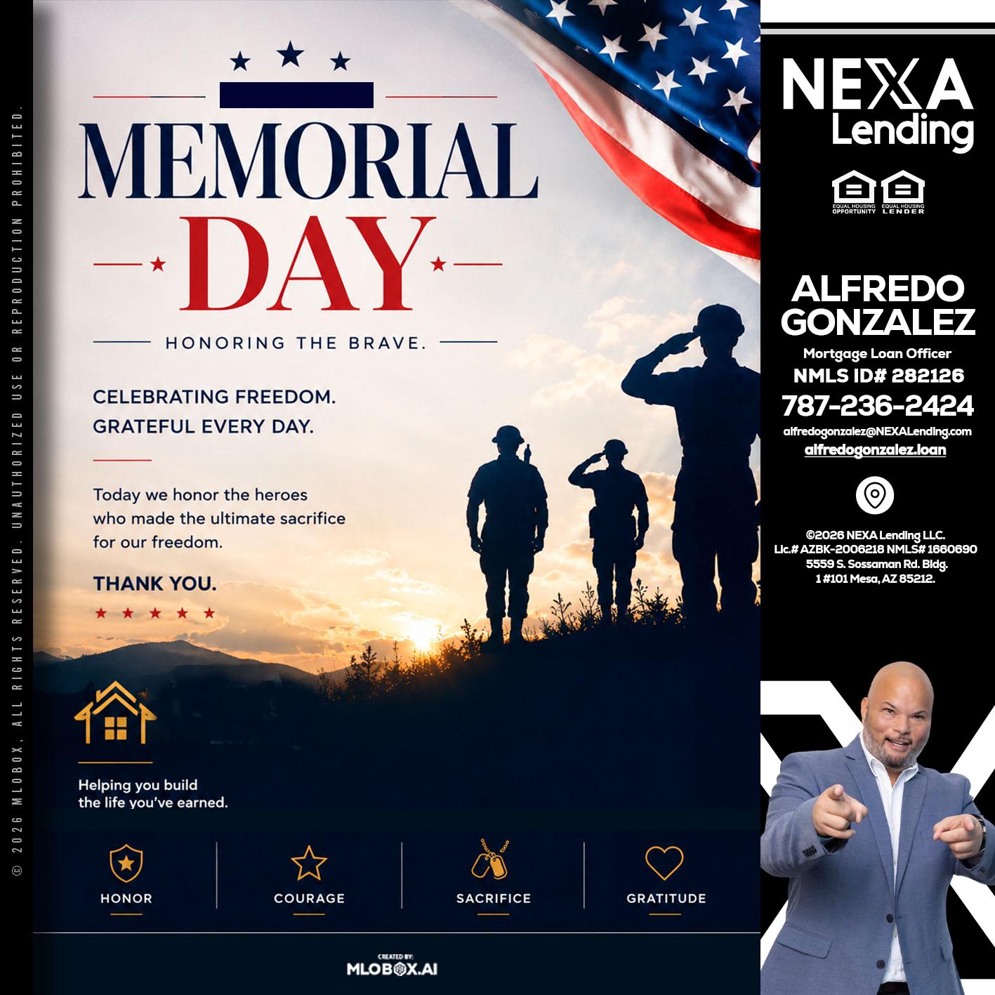 MEMORIAL DAY - Alfredo Gonzalez -Mortgage Loan Officer